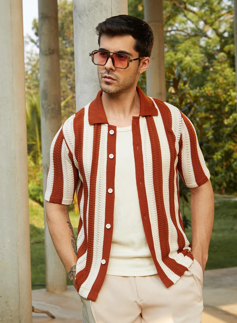 كامبوس سوترا Men's Russet Brown Panel-Knit Polo Shirt For Casual Wear | Polo Neck | Short Regular Sleeves | Button Closure | Shirt Crafted With Comfort Fit For Everyday Wear